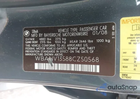 2008 BMW 528 from USA, damaged, VIN WBANV13588CZ50568